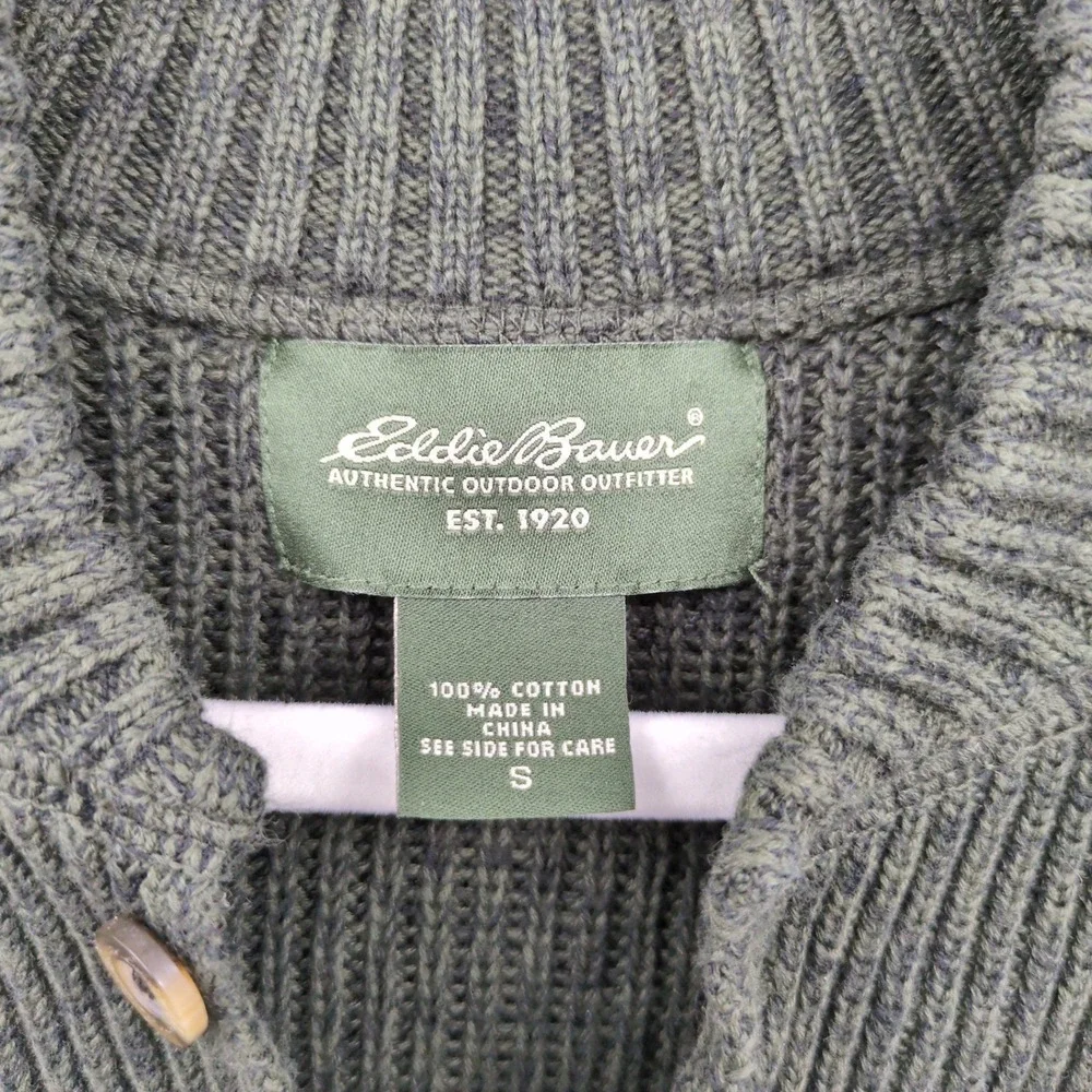 Eddie Bauer Men's Shawl‎ Collar Sweater Green 100% Cotton Small Chunky Outdoor - Picture 6 of 10